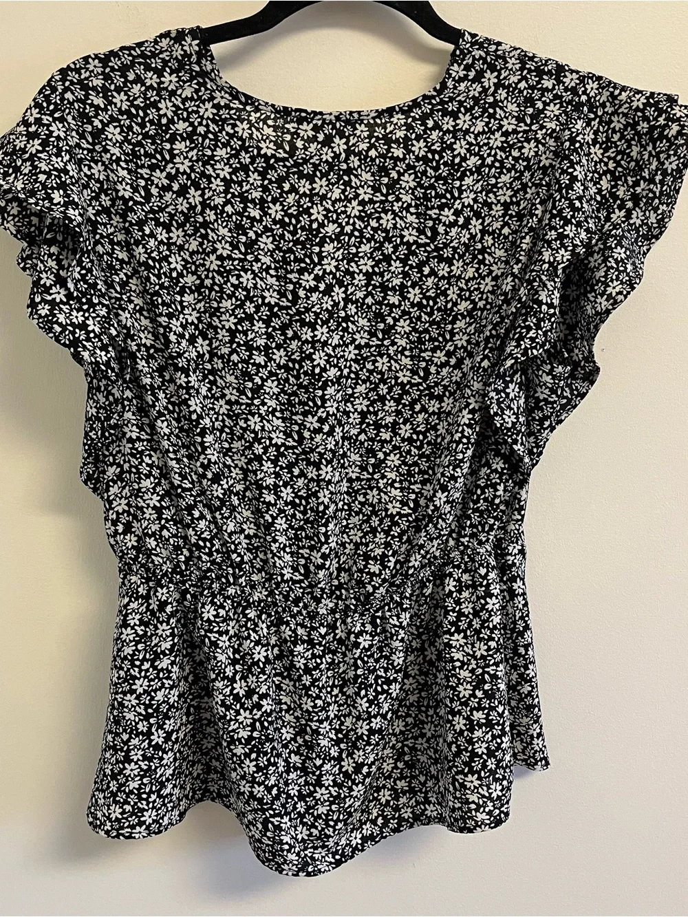 Womens Blouse Black & White Floral Tie Waist Flutter Sleeve Peplum Faux Wrap L
